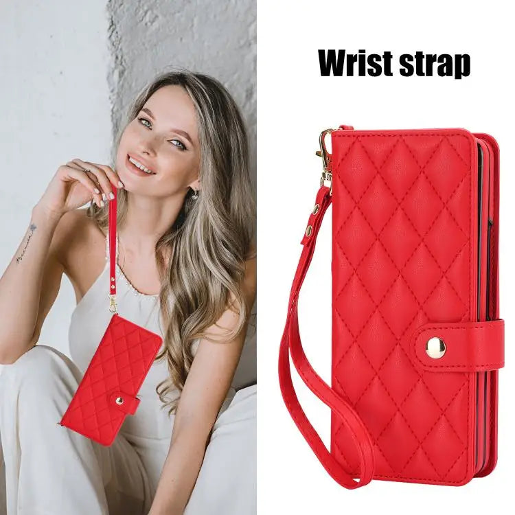 Voor Samsung Galaxy Z Fold7 Rhombic Texture Crossbody Multifunctionele Leren Telefoonhoes (Rood)