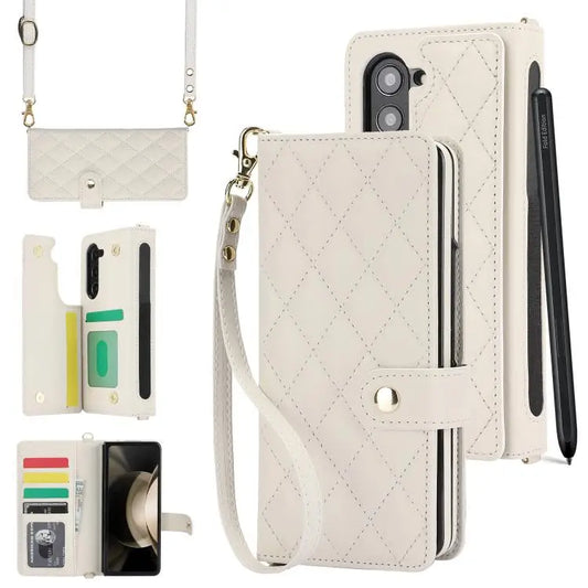 Voor Samsung Galaxy Z Fold7 Rhombic Texture Crossbody Multifunctionele Leren Telefoonhoes (Wit)