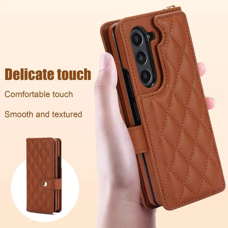 Voor Samsung Galaxy Z Fold7 Rhombic Texture Crossbody Multifunctionele Leren Telefoonhoes (Bruin)