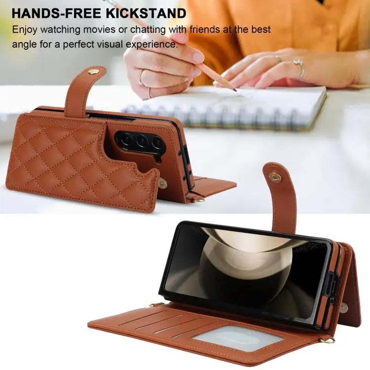 Voor Samsung Galaxy Z Fold7 Rhombic Texture Crossbody Multifunctionele Leren Telefoonhoes (Bruin)