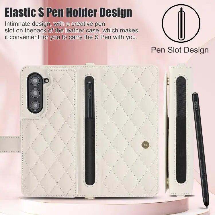 For Samsung Galaxy Z Fold7 Rhombic Texture Crossbody Multifunctional Leather Phone Case(White)