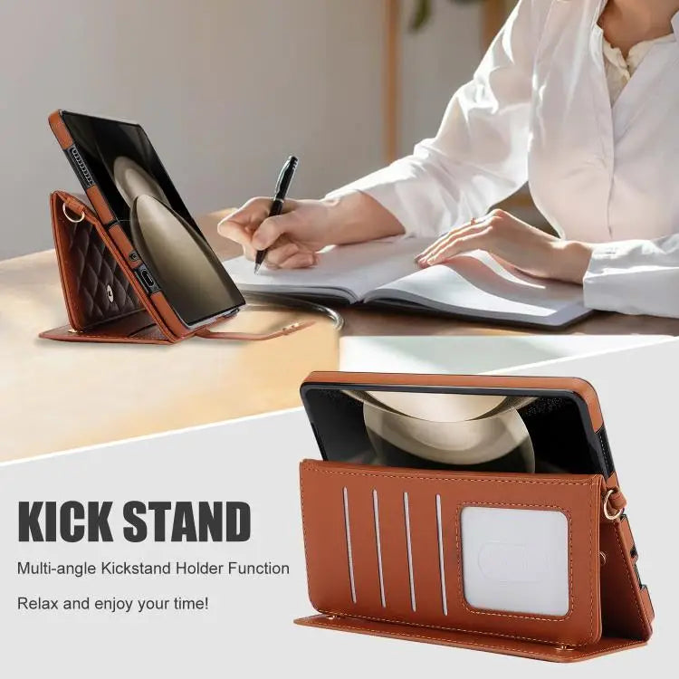 Voor Samsung Galaxy Z Fold7 Rhombic Texture Crossbody Multifunctionele Leren Telefoonhoes (Bruin)