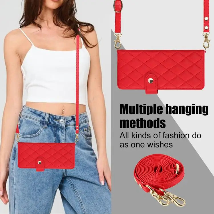 Voor Samsung Galaxy Z Fold7 Rhombic Texture Crossbody Multifunctionele Leren Telefoonhoes (Rood)