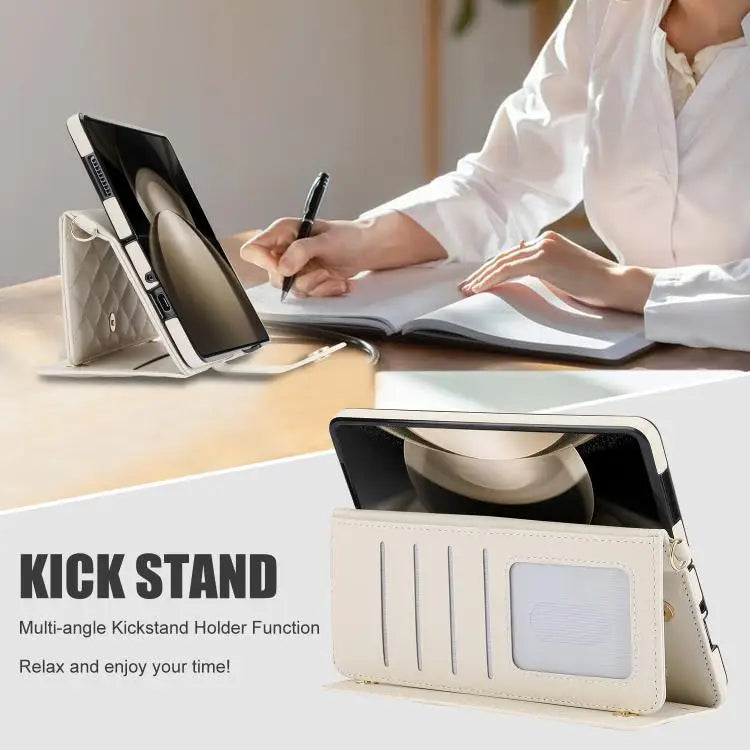 For Samsung Galaxy Z Fold7 Rhombic Texture Crossbody Multifunctional Leather Phone Case(White)