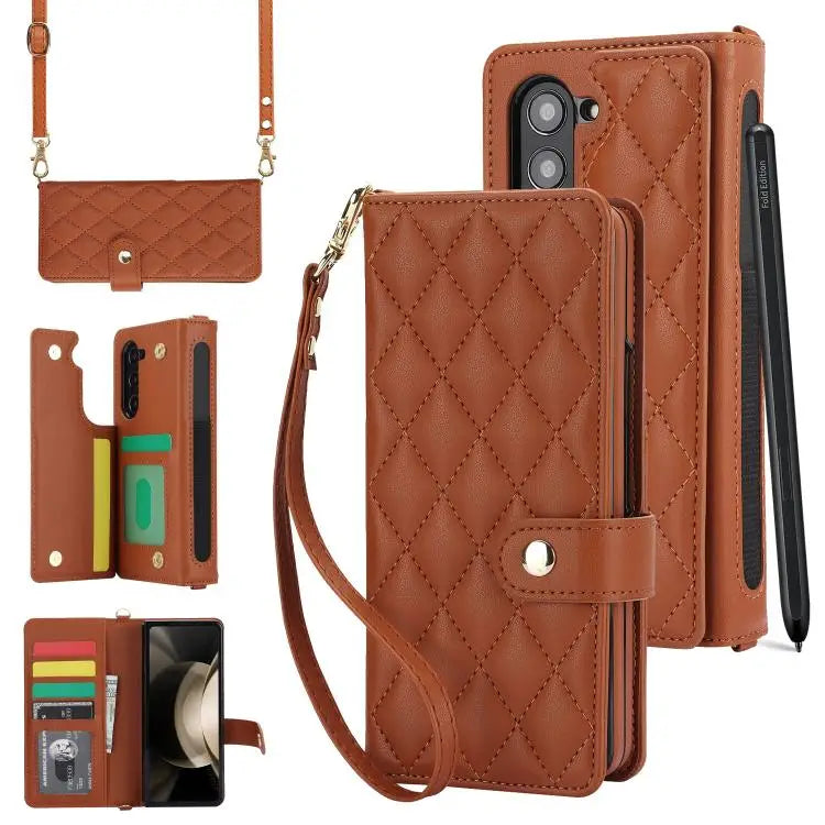 Voor Samsung Galaxy Z Fold7 Rhombic Texture Crossbody Multifunctionele Leren Telefoonhoes (Bruin)