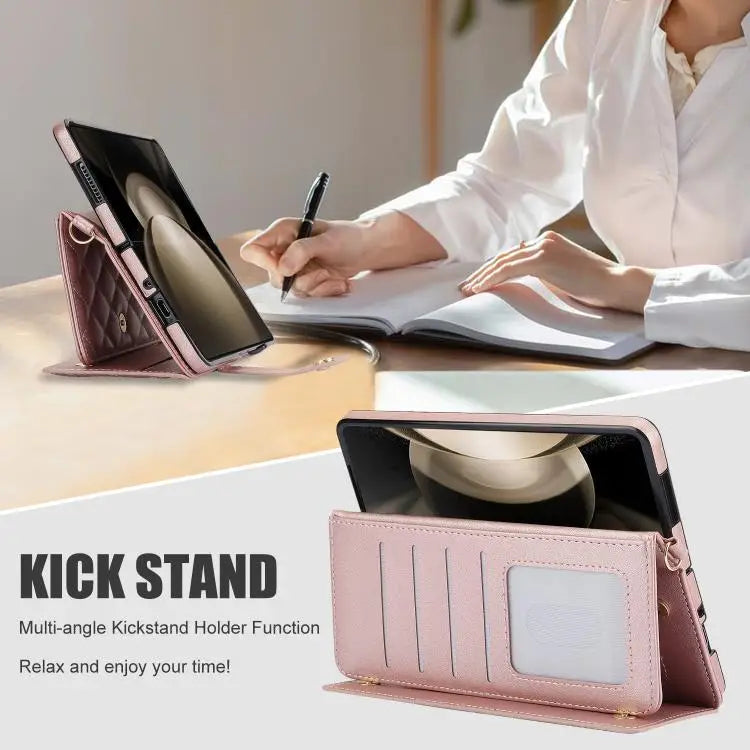 Voor Samsung Galaxy Z Fold7 Rhombic Texture Crossbody Multifunctionele Leren Telefoonhoes (Roségoud)