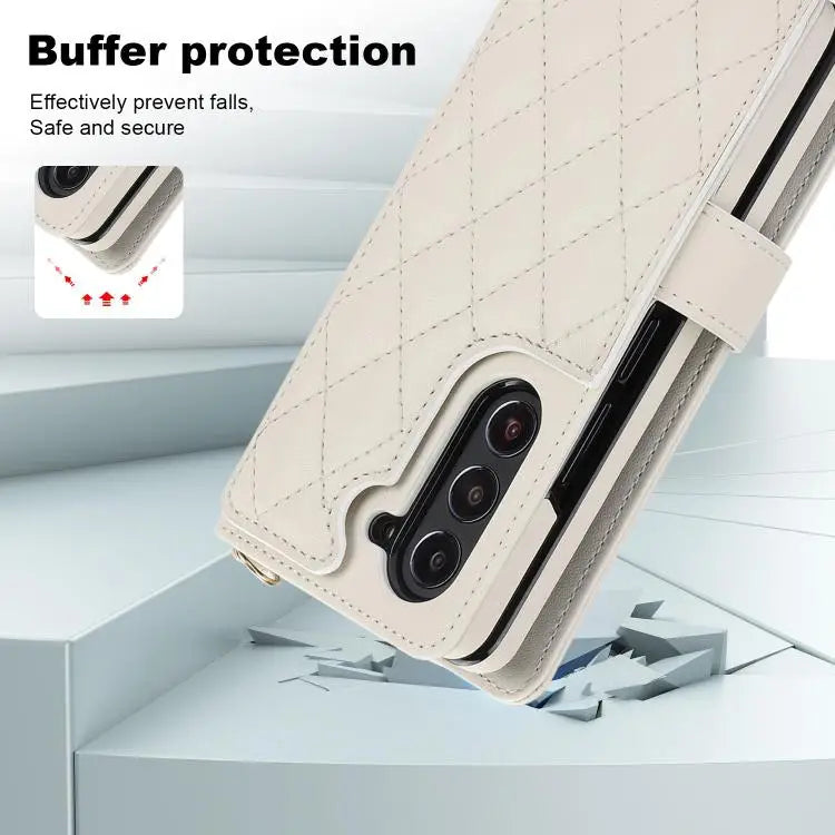 For Samsung Galaxy Z Fold7 Rhombic Texture Crossbody Multifunctional Leather Phone Case(White)