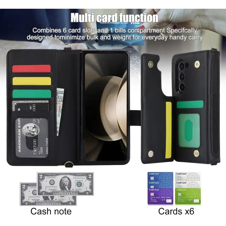 Voor Samsung Galaxy Z Fold7 Rhombic Texture Crossbody Multifunctionele Leren Telefoonhoes (Zwart)