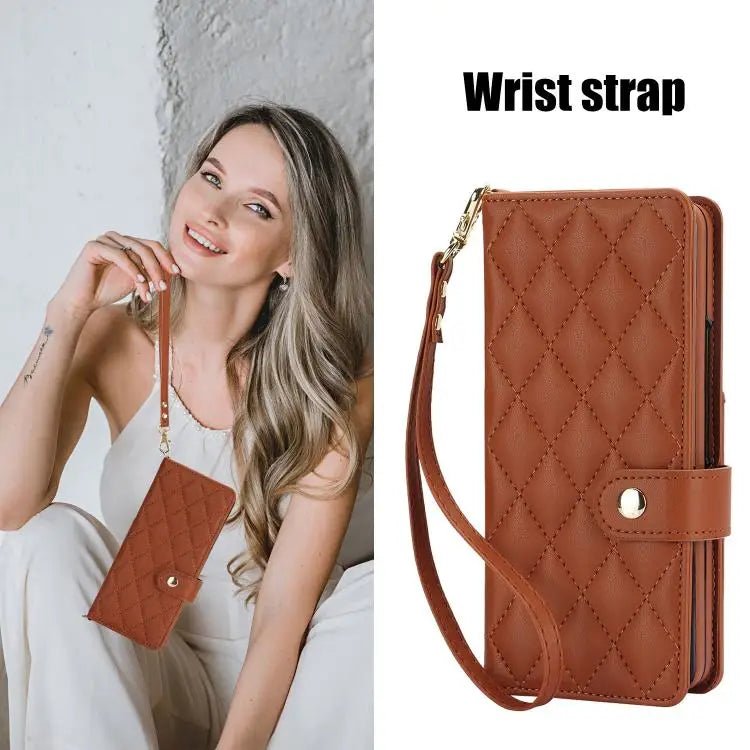 Voor Samsung Galaxy Z Fold7 Rhombic Texture Crossbody Multifunctionele Leren Telefoonhoes (Bruin)