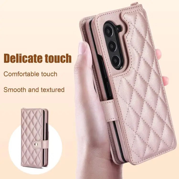 Voor Samsung Galaxy Z Fold7 Rhombic Texture Crossbody Multifunctionele Leren Telefoonhoes (Roségoud)