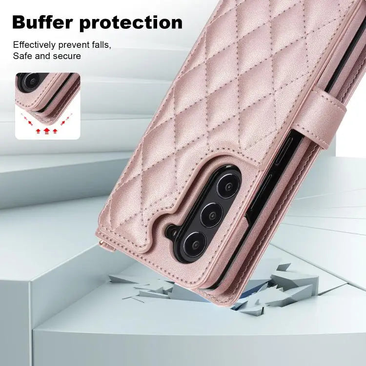Voor Samsung Galaxy Z Fold7 Rhombic Texture Crossbody Multifunctionele Leren Telefoonhoes (Roségoud)