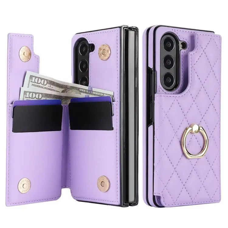 For Samsung Galaxy Z Fold7 Rhombic Texture Ring Double Buckle Leather Phone Case(Purple)