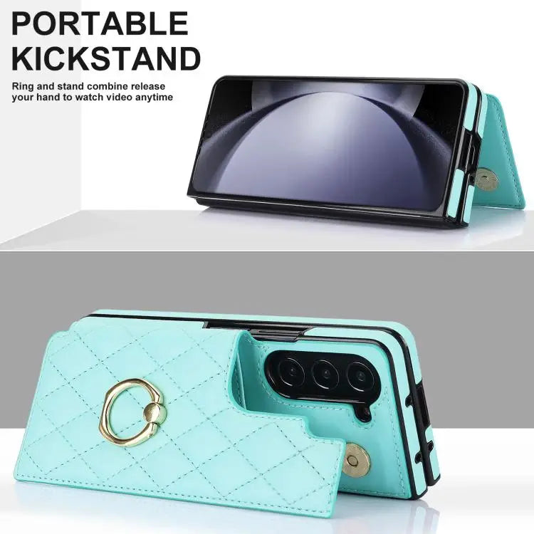 Voor Samsung Galaxy Z Fold7 Rhombic Texture Ring Dubbele Gesp Leren Telefoonhoesje (Groen)