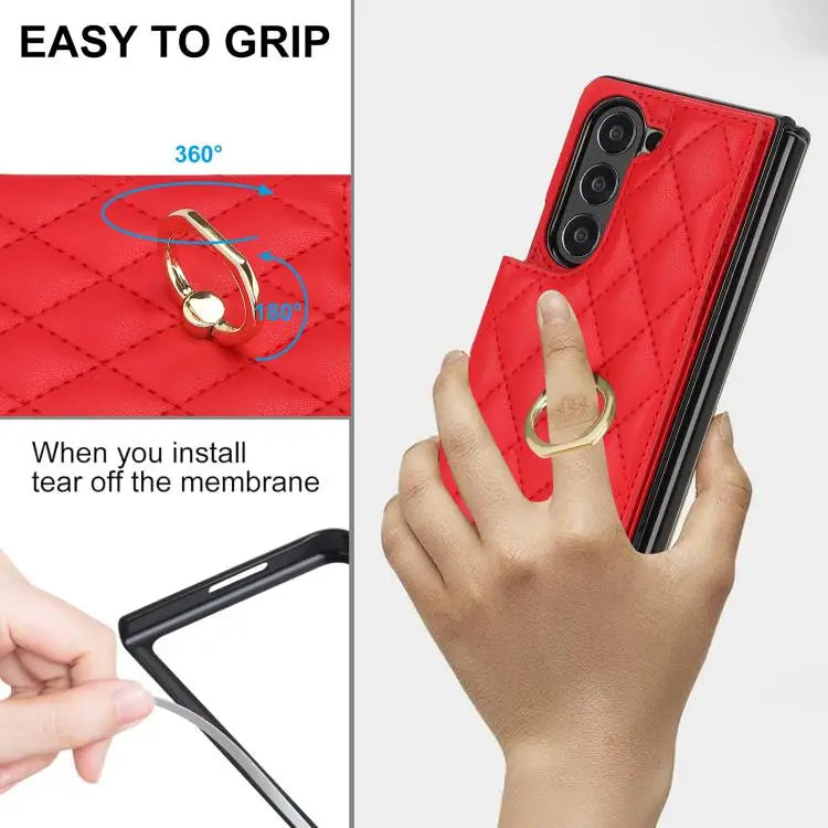 Voor Samsung Galaxy Z Fold7 Rhombic Texture Ring Dubbele Gesp Leren Telefoonhoesje (Rood)