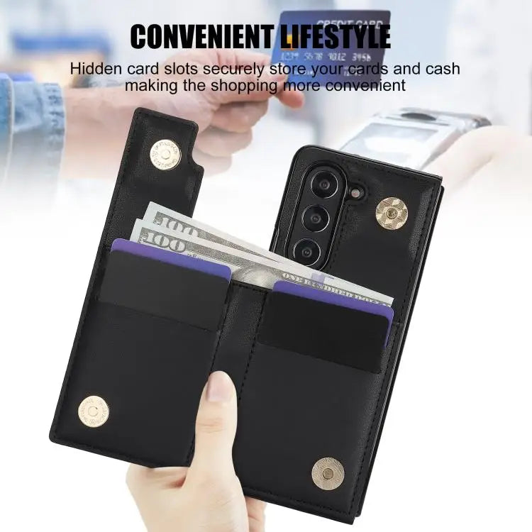 Voor Samsung Galaxy Z Fold7 Rhombic Texture Ring Dubbele Gesp Leren Telefoonhoesje (Zwart)