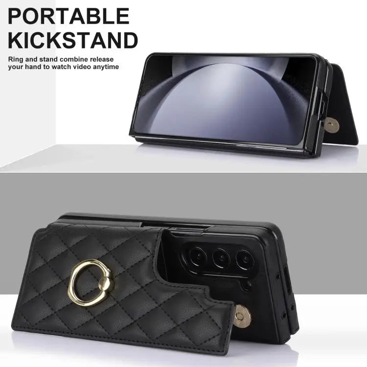 Voor Samsung Galaxy Z Fold7 Rhombic Texture Ring Dubbele Gesp Leren Telefoonhoesje (Zwart)