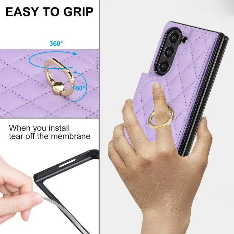 For Samsung Galaxy Z Fold7 Rhombic Texture Ring Double Buckle Leather Phone Case(Purple)