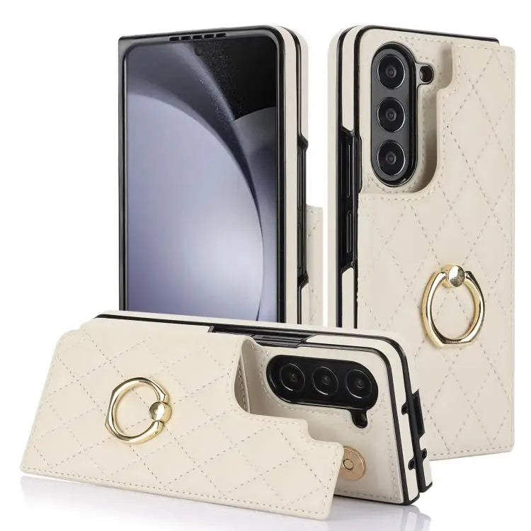 For Samsung Galaxy Z Fold7 Rhombic Texture Ring Double Buckle Leather Phone Case(White)