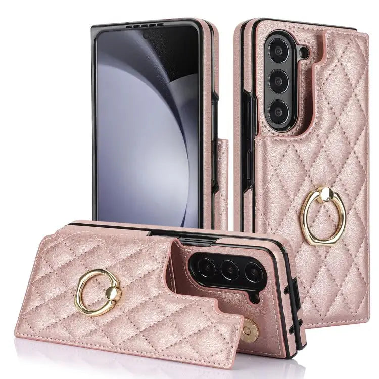 Voor Samsung Galaxy Z Fold7 Rhombic Texture Ring Dubbele Gesp Leren Telefoonhoesje (Roségoud)