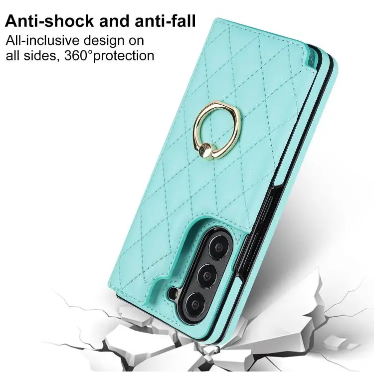 Voor Samsung Galaxy Z Fold7 Rhombic Texture Ring Dubbele Gesp Leren Telefoonhoesje (Groen)