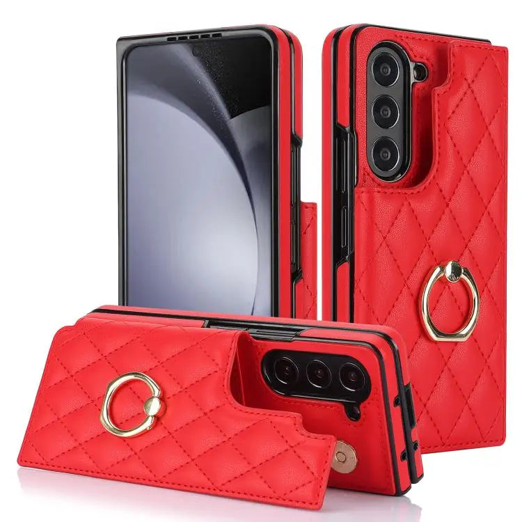 Voor Samsung Galaxy Z Fold7 Rhombic Texture Ring Dubbele Gesp Leren Telefoonhoesje (Rood)