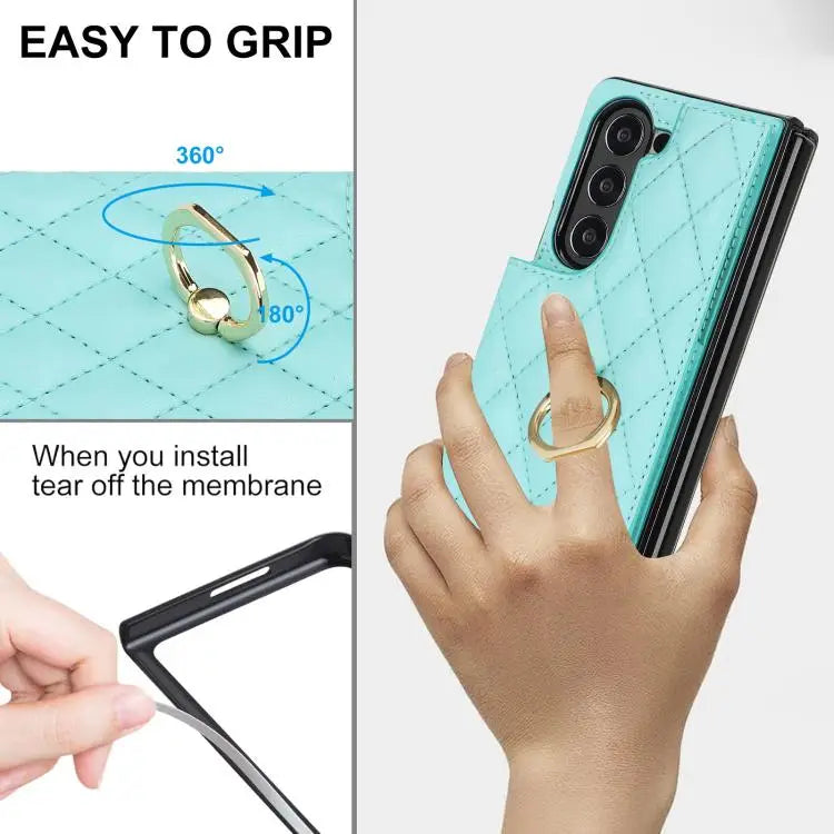 Voor Samsung Galaxy Z Fold7 Rhombic Texture Ring Dubbele Gesp Leren Telefoonhoesje (Groen)