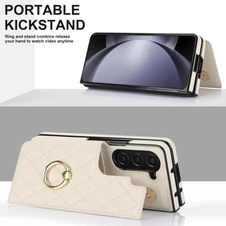 For Samsung Galaxy Z Fold7 Rhombic Texture Ring Double Buckle Leather Phone Case(White)