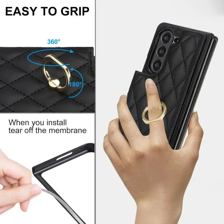 Voor Samsung Galaxy Z Fold7 Rhombic Texture Ring Dubbele Gesp Leren Telefoonhoesje (Zwart)