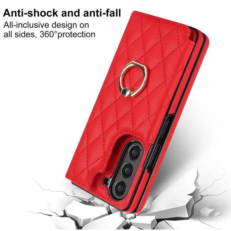 Voor Samsung Galaxy Z Fold7 Rhombic Texture Ring Dubbele Gesp Leren Telefoonhoesje (Rood)