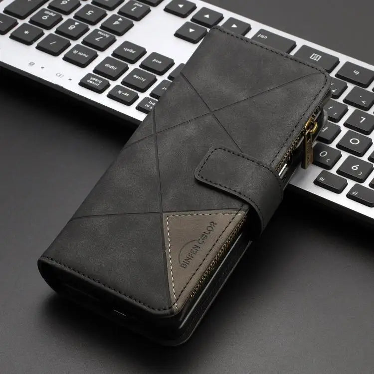 Voor Samsung Galaxy Z Fold7 Rhombus Texture Zipper Wallet Leather Phone Case (zwart)