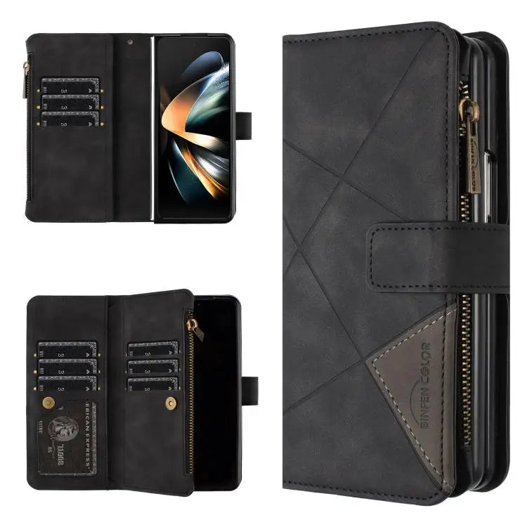 Voor Samsung Galaxy Z Fold7 Rhombus Texture Zipper Wallet Leather Phone Case (zwart)