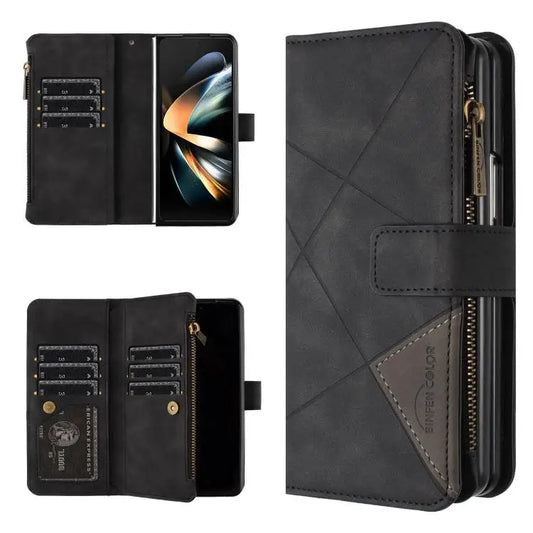 Voor Samsung Galaxy Z Fold7 Rhombus Texture Zipper Wallet Leather Phone Case (zwart)