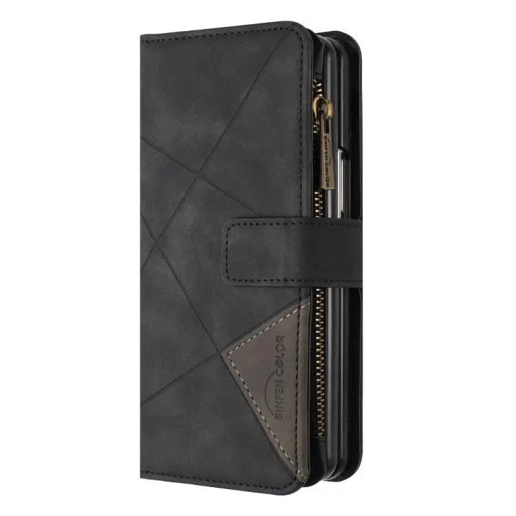 Voor Samsung Galaxy Z Fold7 Rhombus Texture Zipper Wallet Leather Phone Case (zwart)