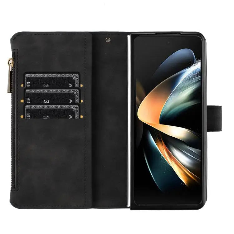 Voor Samsung Galaxy Z Fold7 Rhombus Texture Zipper Wallet Leather Phone Case (zwart)