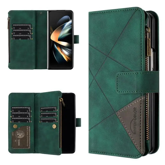 Voor Samsung Galaxy Z Fold7 Rhombus Texture Zipper Wallet Leather Phone Case (Groen)
