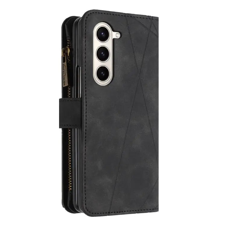 Voor Samsung Galaxy Z Fold7 Rhombus Texture Zipper Wallet Leather Phone Case (zwart)