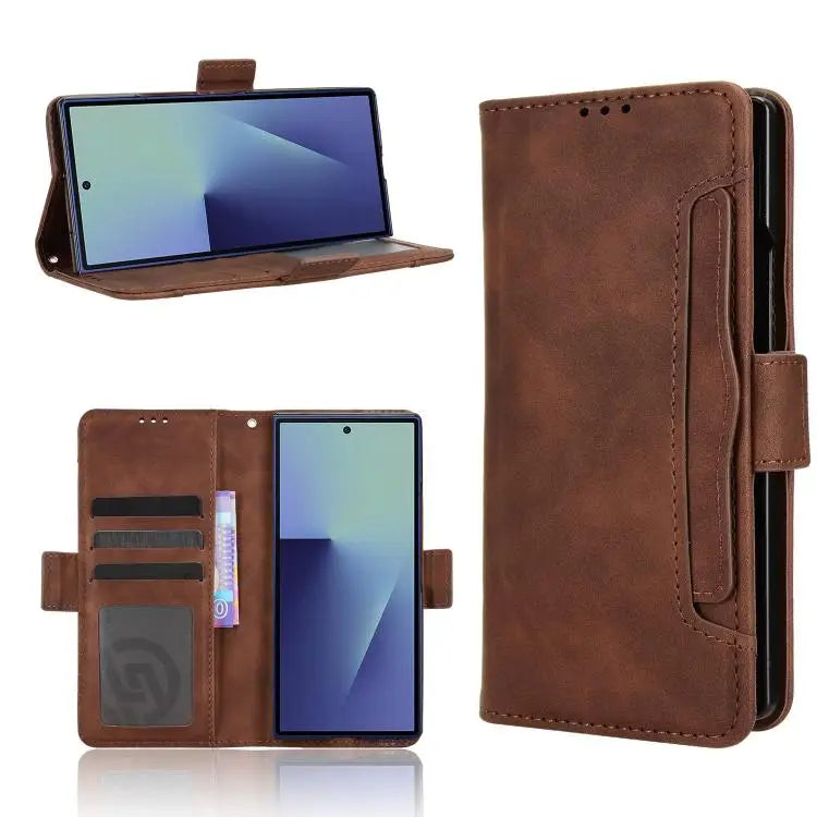 Voor Samsung Galaxy Z Fold7 Skin Feel Kalfsleer Textuur Kaartsleuven Leren Telefoonhoesje (Bruin)