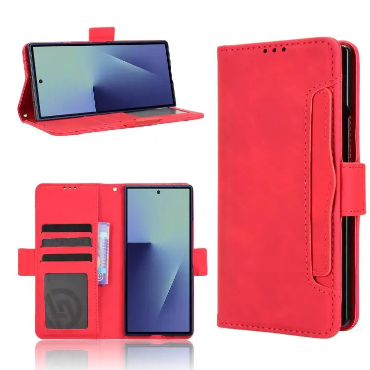 Voor Samsung Galaxy Z Fold7 Skin Feel Kalfsleer Textuur Kaartsleuven Leren Telefoonhoesje (Rood)