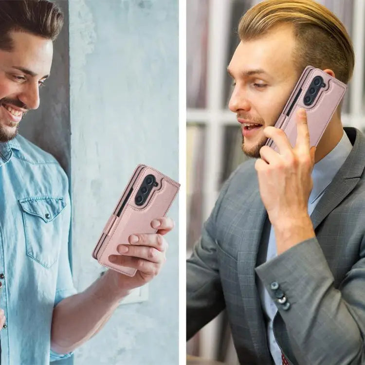 Voor Samsung Galaxy Z Fold7 effen multifunctionele opvouwbare leren telefoonhoes met penhouder (roségoud)
