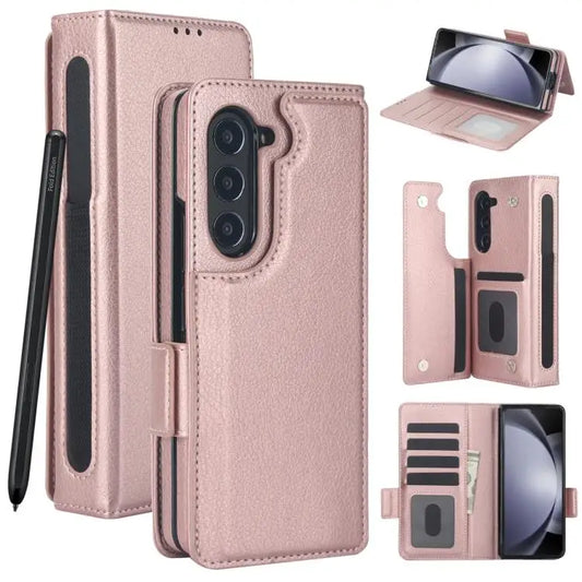 Voor Samsung Galaxy Z Fold7 effen multifunctionele opvouwbare leren telefoonhoes met penhouder (roségoud)