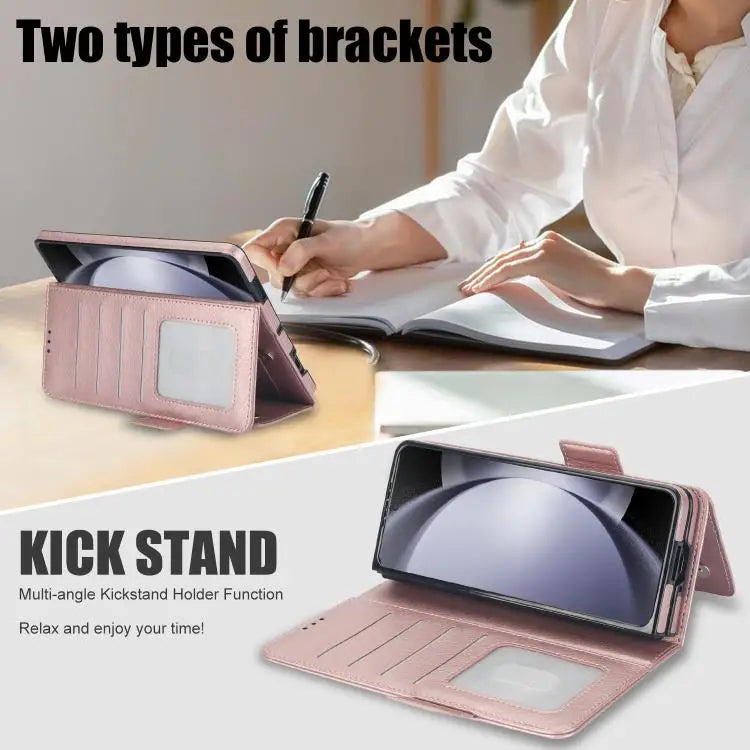 Voor Samsung Galaxy Z Fold7 effen multifunctionele opvouwbare leren telefoonhoes met penhouder (roségoud)