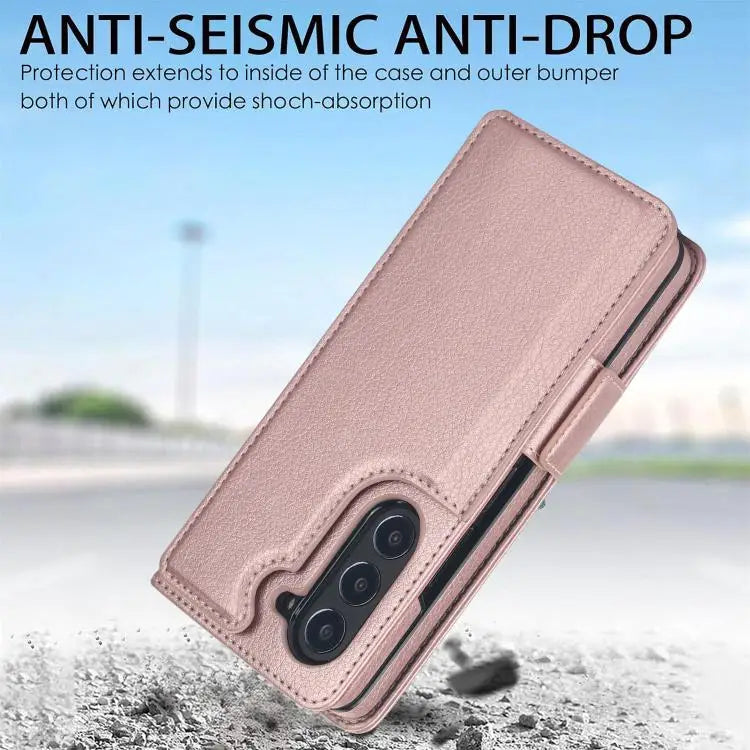 Voor Samsung Galaxy Z Fold7 effen multifunctionele opvouwbare leren telefoonhoes met penhouder (roségoud)