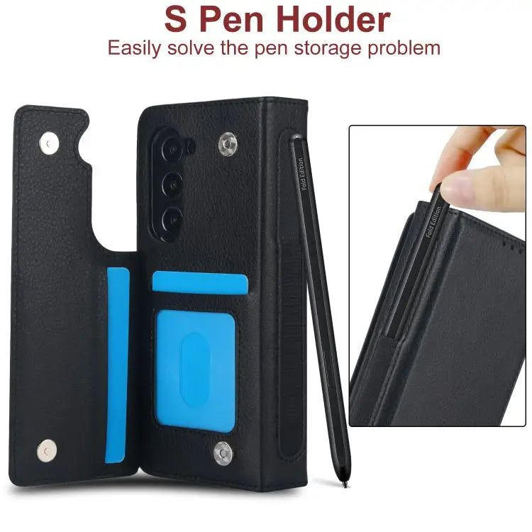 For Samsung Galaxy Z Fold7 Solid Color Multifunctional Folding Leather Phone Case with Pen Slot(Black)