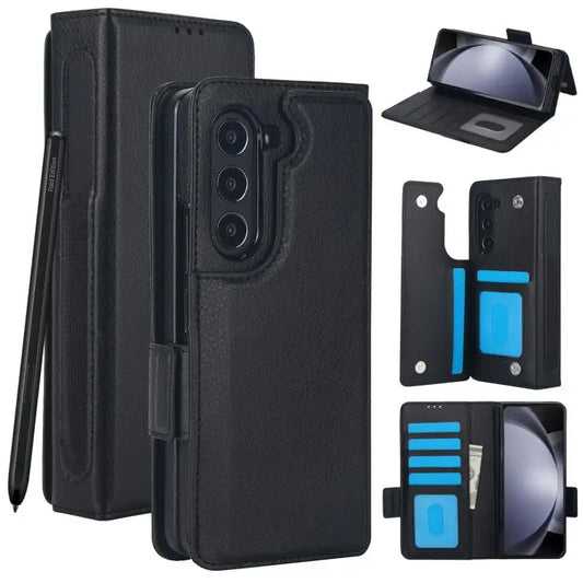 Voor Samsung Galaxy Z Fold7 effen multifunctionele opvouwbare leren telefoonhoes met penhouder (zwart)