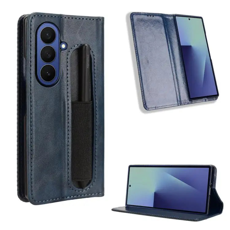 For Samsung Galaxy Z Fold7 with Pen Slot Magnetic Buckle Retro Texture Leather Phone Case(Blue)