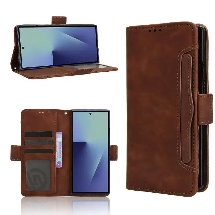Voor Samsung Galaxy Z Fold7 met penhouder, huidgevoel, kalfstextuur, kaarthouders, leren telefoonhoesje (bruin)